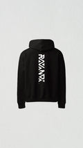 Black hoodie with geometric 'RWANDA' pattern on the back against a light gray background