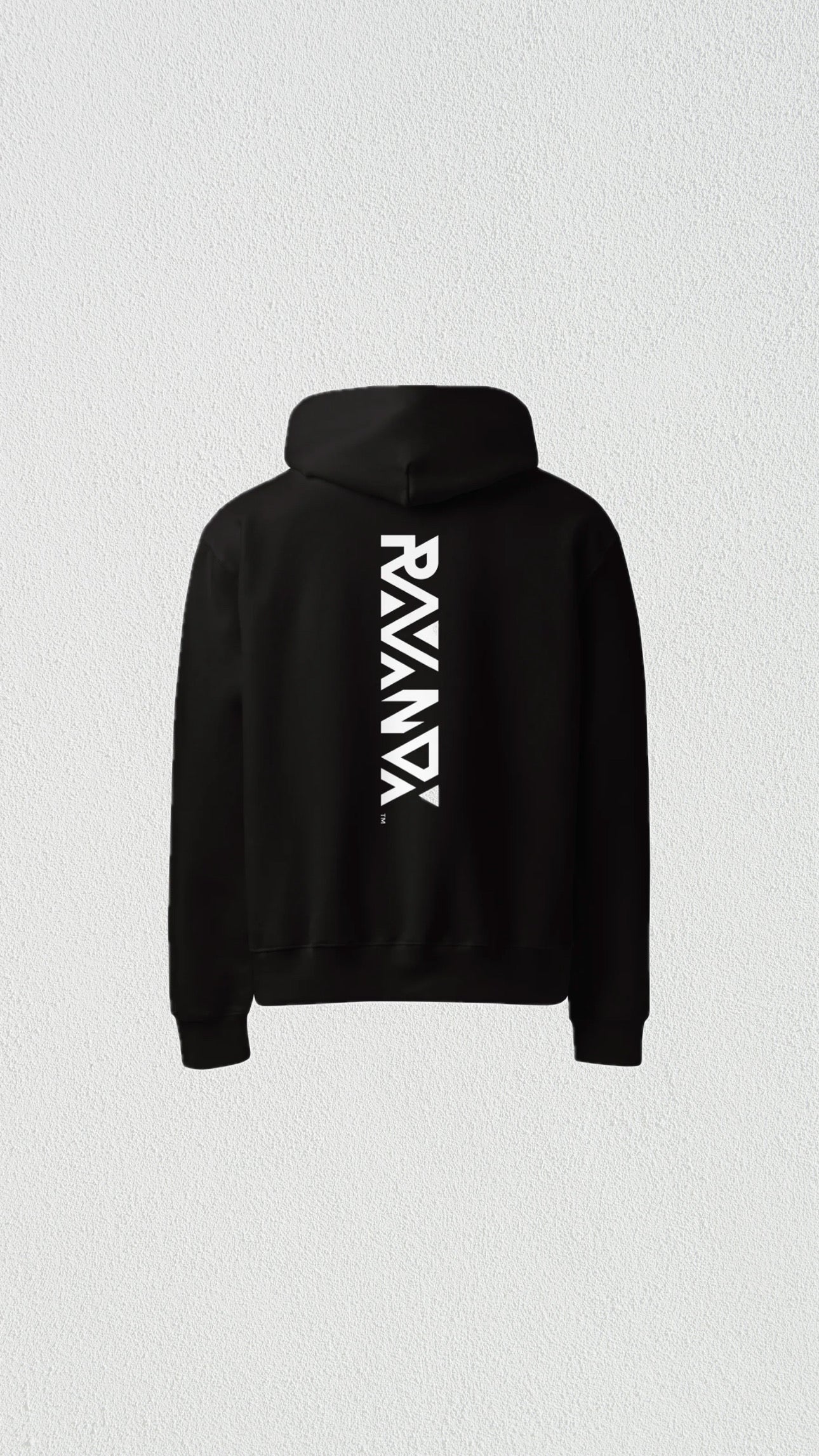 Black hoodie with geometric 'RWANDA' pattern on the back against a light gray background
